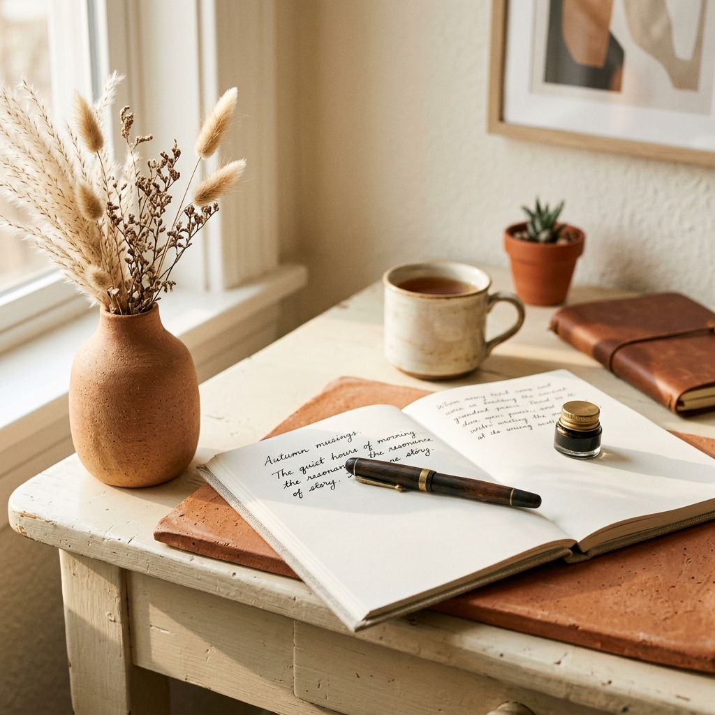 Minimalist editorial workspace with notepad and dried grass
